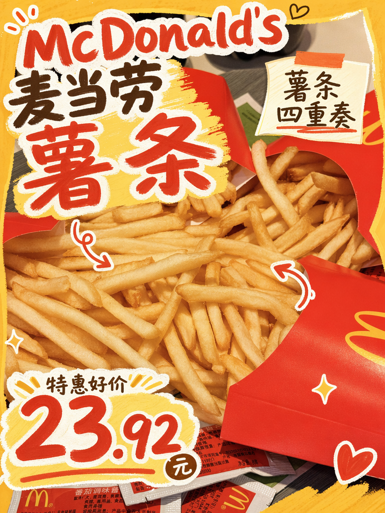麦当劳薯条四重奏23.92元,四份中薯吃到爽